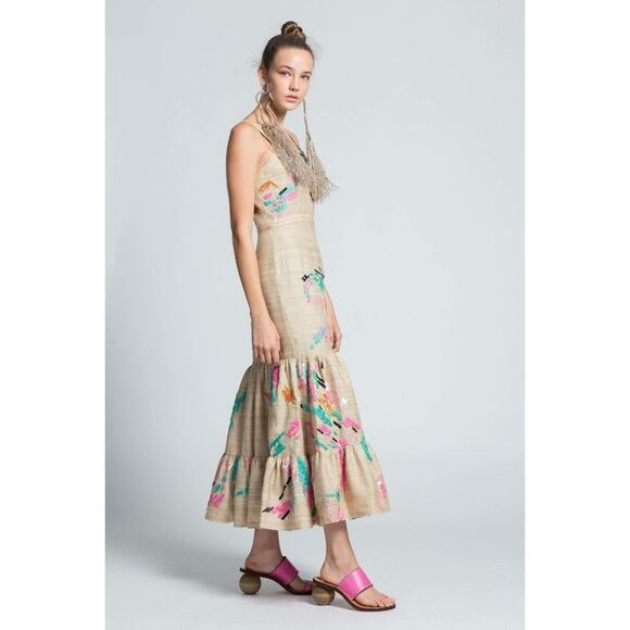 New! TRACY REESE Women's Retro 80's Style Embroidered Tiered Hem 100% Silk Dress - Picture 1 of 7
